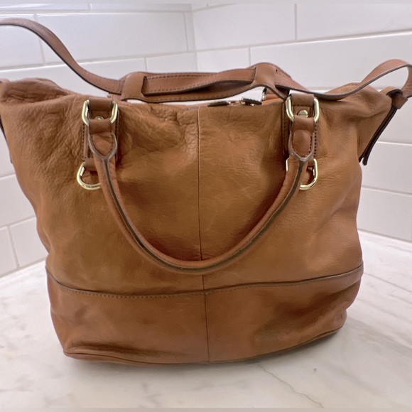 J. Crew 🧡 Marlow Cognac Brown Leather 🧡 Two Tone Hobo Bag Purse Tote - Picture 5 of 15